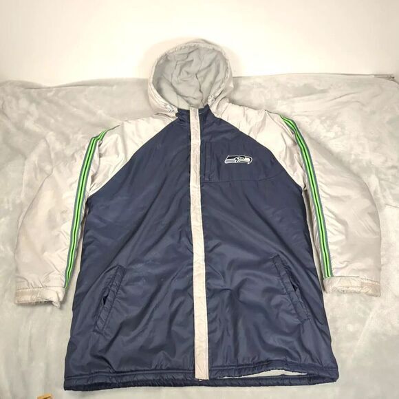 Vintage Seattle Seahawks Jacket Mens Large NFL Reebok Blue Insulated Hooded Geno - Picture 1 of 16